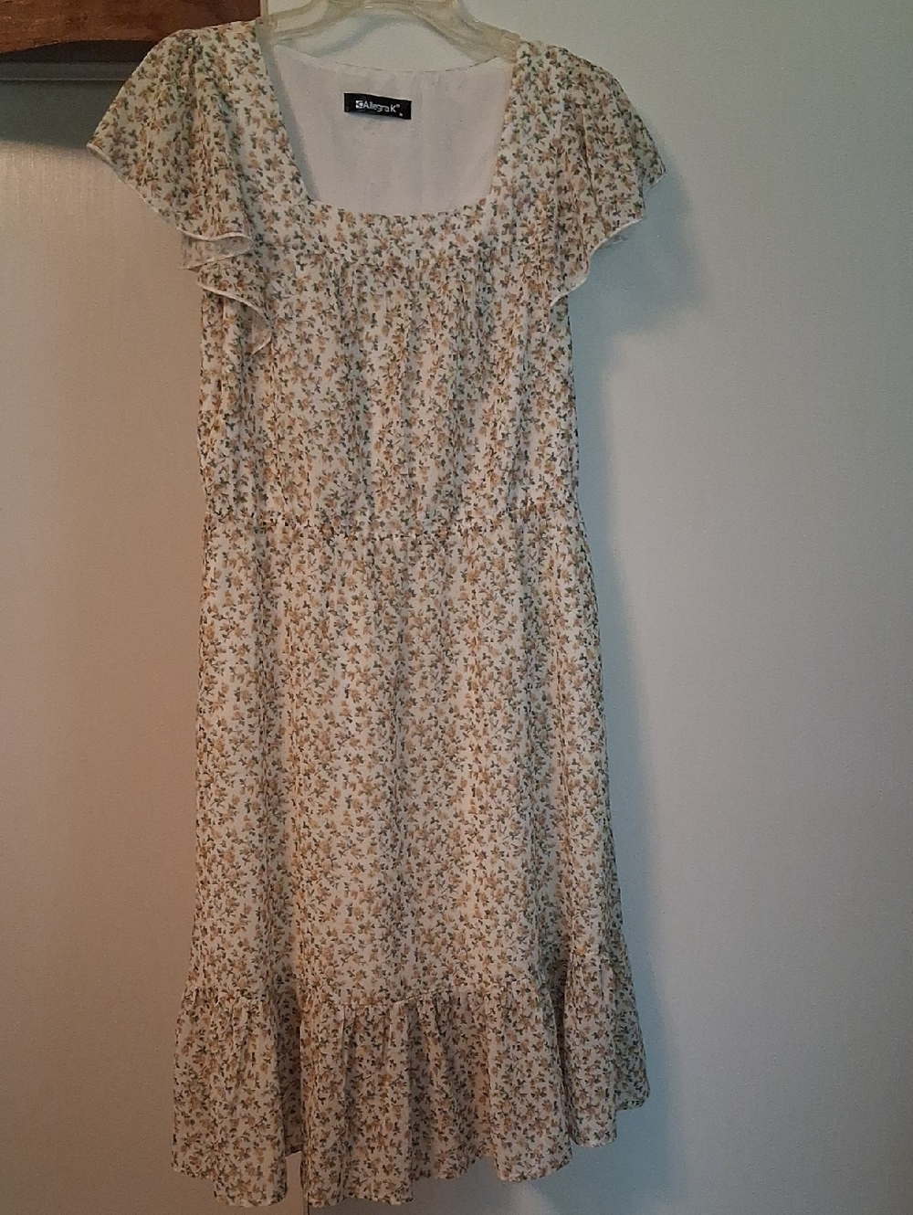 Allegra K Cream Floral Midi Dress with Yellow & Green Print